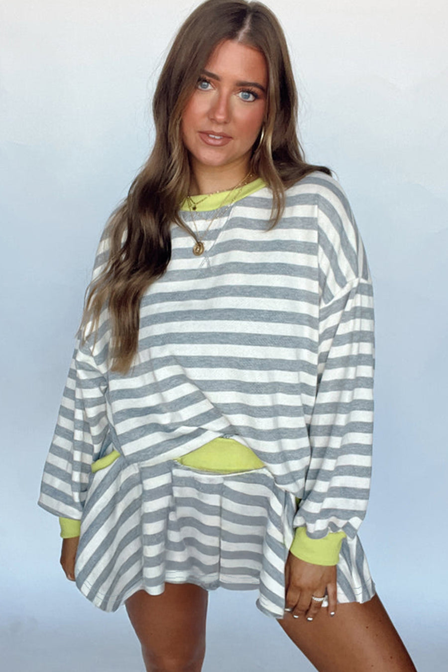 Striped Contrast Trim Long Sleeve Top and Shorts Set- 2 Colors