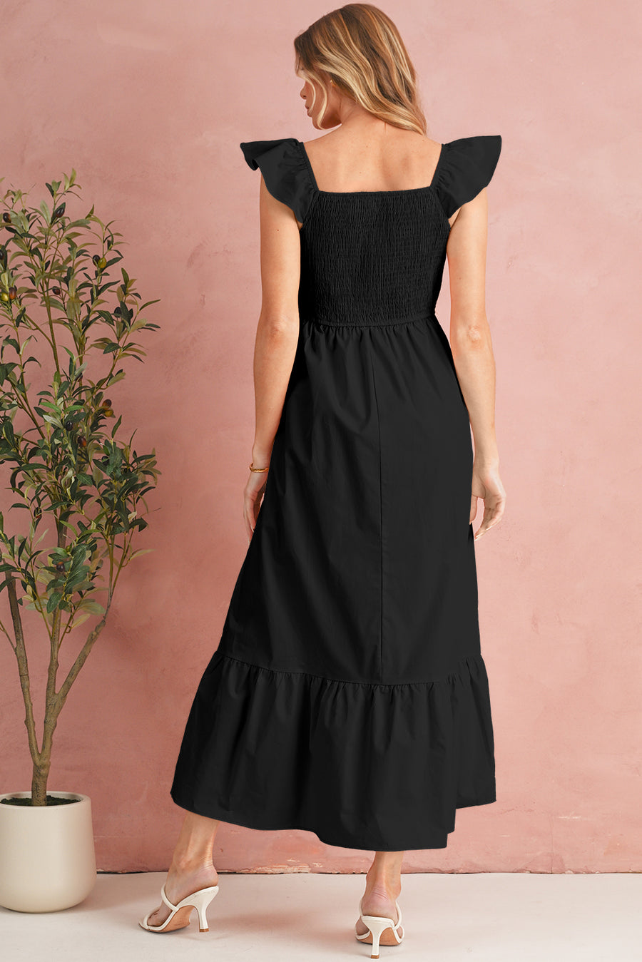 V-Neck Flutter Sleeve Smocked Bodice High Waist Ruffle Maxi Dress with Pockets- 2 Colors