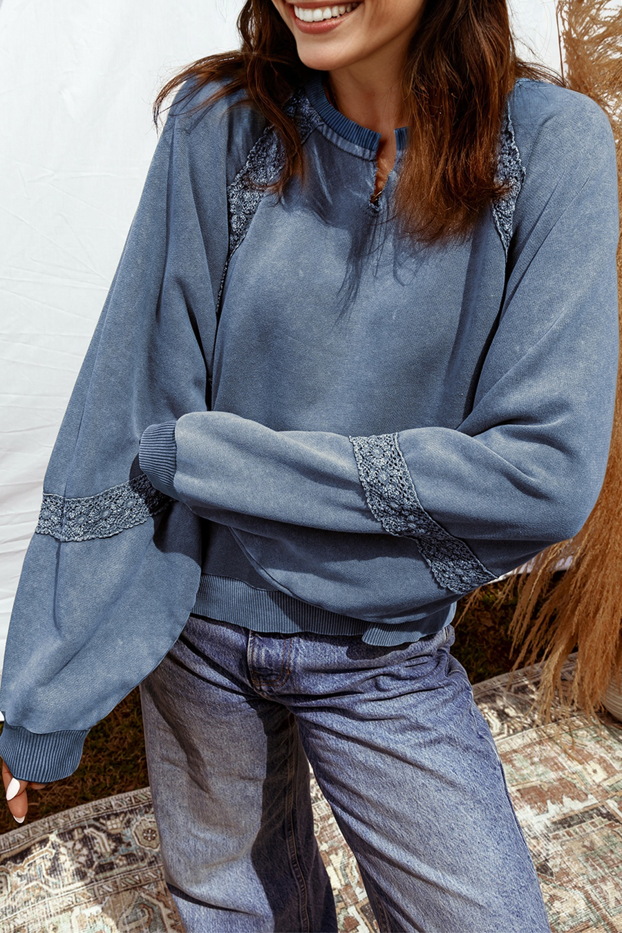 Lace Applique Notched Neck Mineral Wash Baggy Sweatshirt- 4 Colors