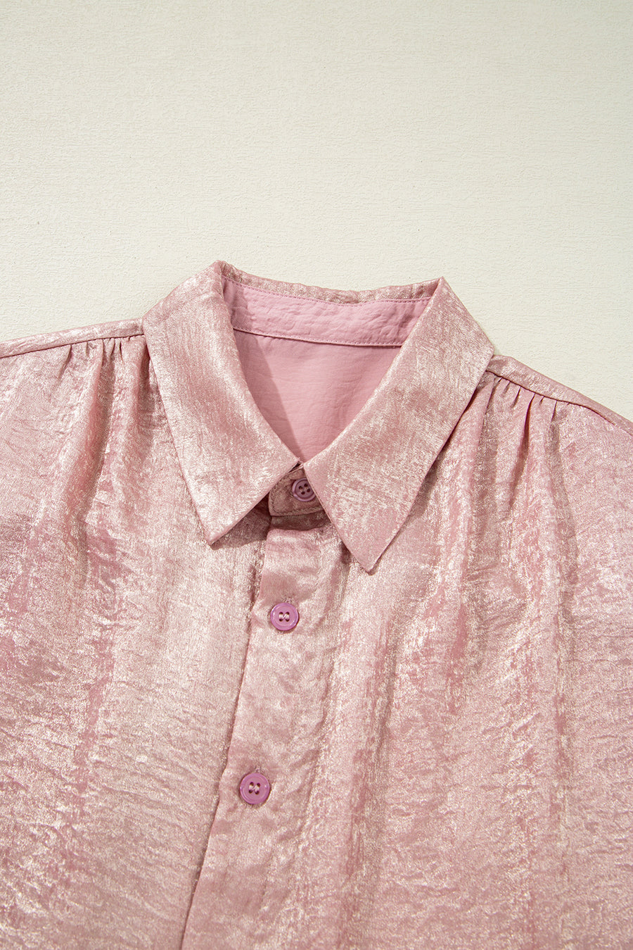 Metallic Pink Button-Up Short Sleeve Shirt