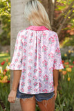 Bright Pink Bow Bouquets Collared Ruffled Short Sleeve Button-Up Blouse