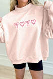 Apricot Pink Bow Heart Embroidered Mock Neck Sweatshirt