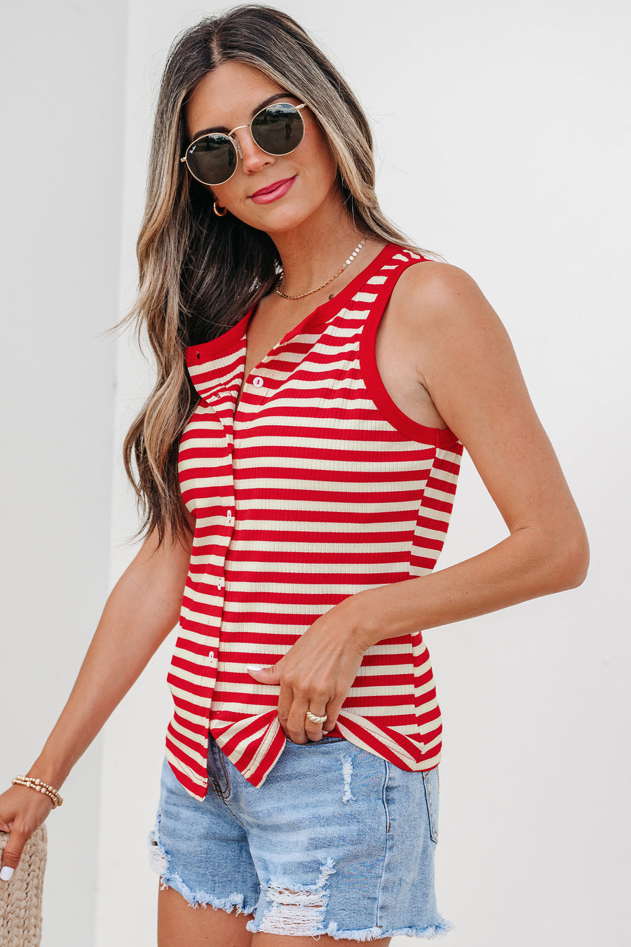 Red Striped Button-Up Ribbed Knit Tank Top