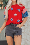 Red American Sequin Star Patches Contrast Puff Sleeve Top