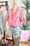 Pink Poppy Floral Striped Color Block Trim V-Neck Ruffled Short Sleeve Blouse