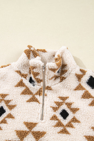 Khaki Geometric Print Sherpa Quarter Zip Collar Sweatshirt