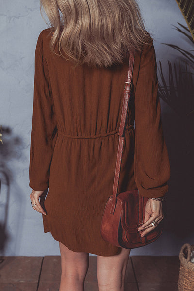 Burgundy Floral Embroidered Tassel Tie Waist Long Sleeve Mini Dress