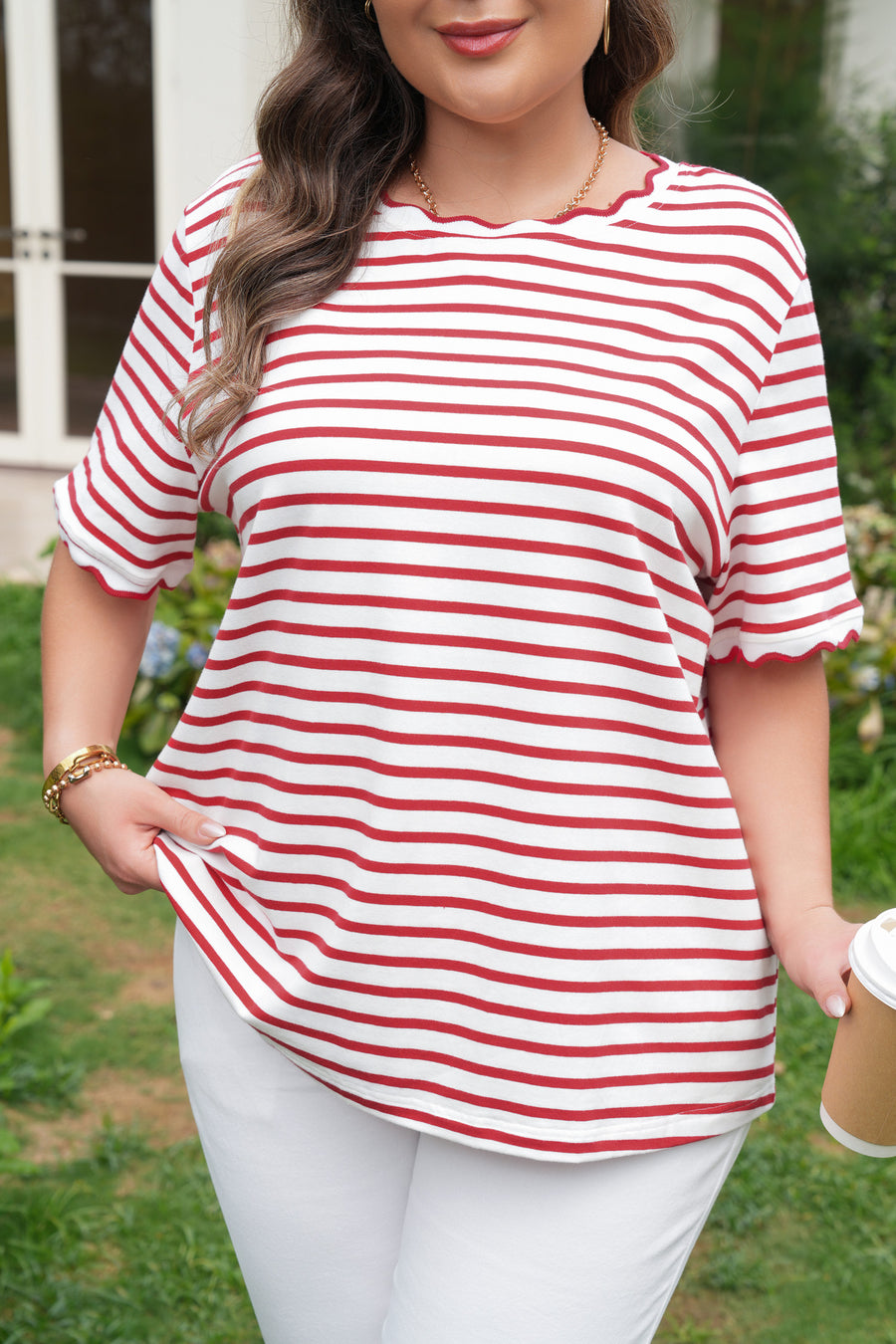 Plus Size Red Striped Scalloped Trim Crew Neck Short Sleeve T-Shirt