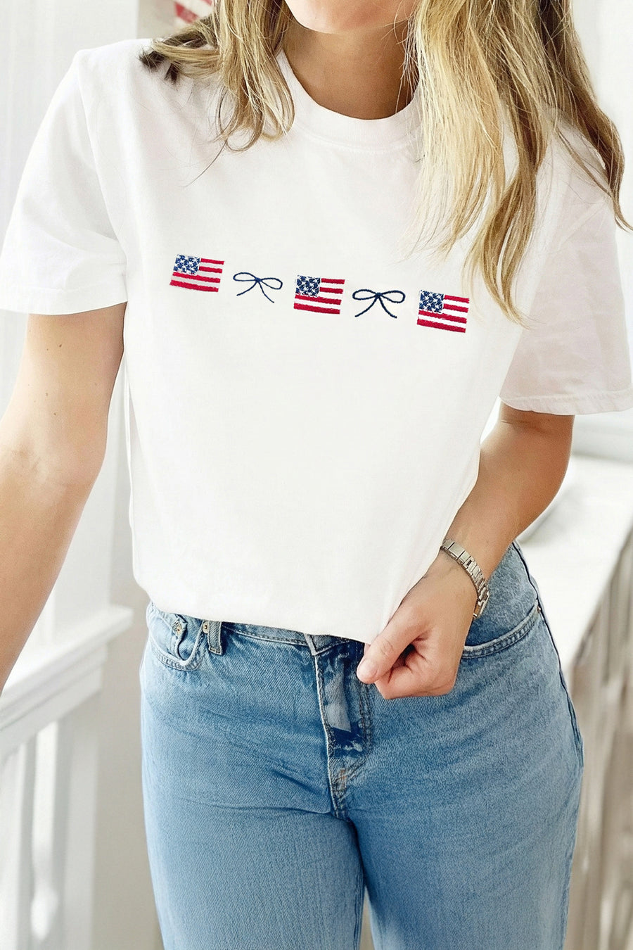 White Embroidered American Flags and Bows Short Sleeve T-Shirt