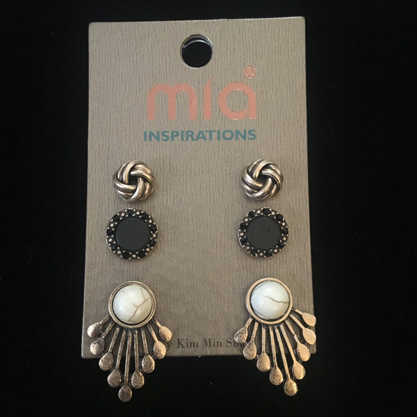 Burnished Gold Tone Earring Trio- Black & Ivory