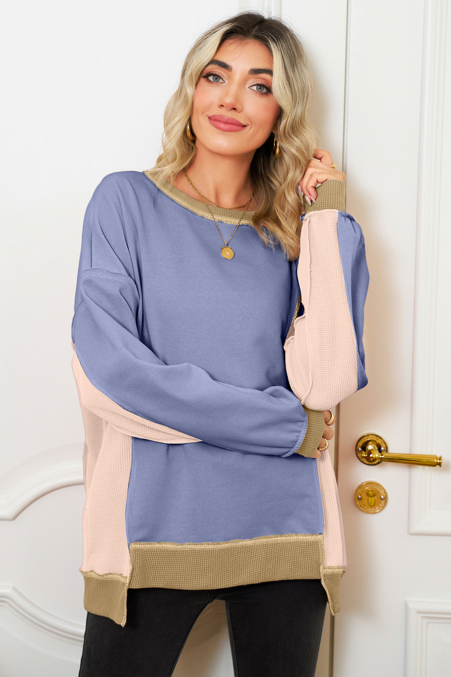 Color Block Waffle Knit Patchwork Oversized Sweatshirt- 3 Colors
