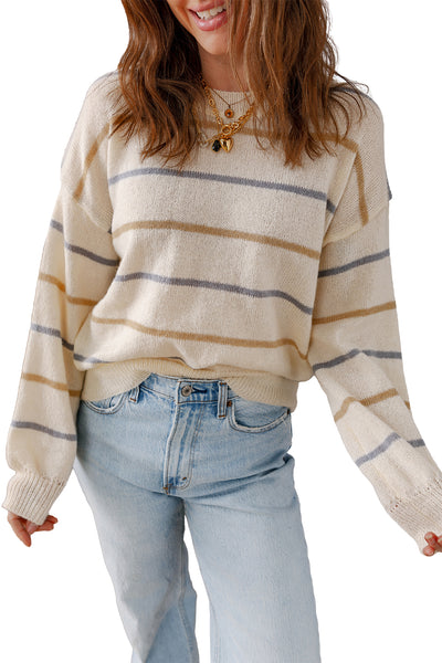 Brown Striped Ribbed Edge Drop Shoulder Sweater