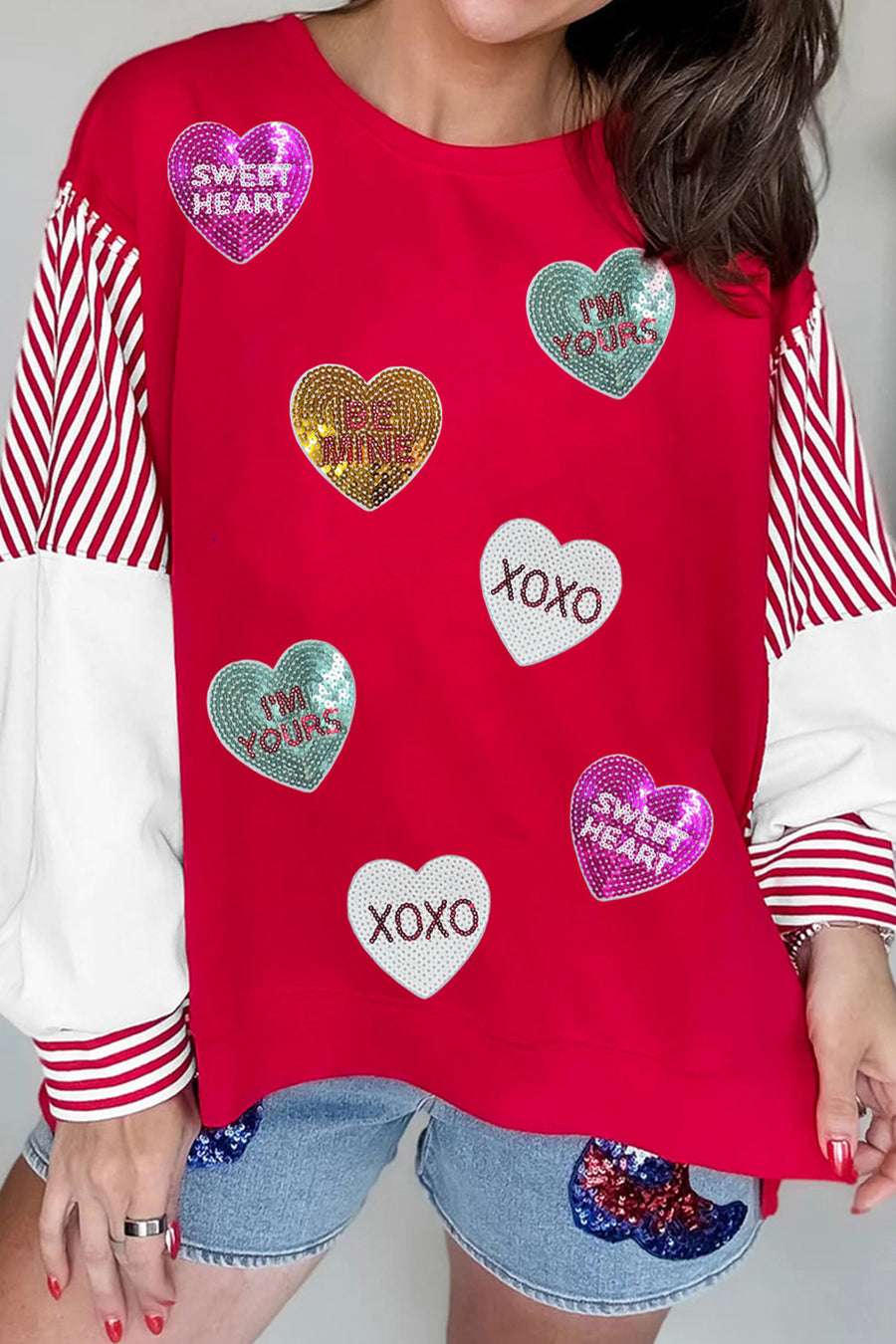 Red Sequin Hearts Striped Color Block Patchwork Drop Shoulder Crew Neck Sweatshirt 2