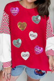 Red Sequin Hearts Striped Color Block Patchwork Drop Shoulder Crew Neck Sweatshirt 2