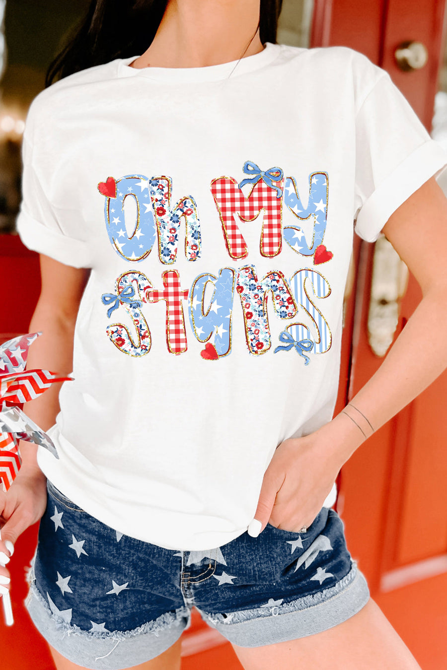 White Oh My Stars Patchwork Print Graphic T-Shirt