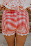 Red Gingham Lace Trim Elastic Waist Shorts