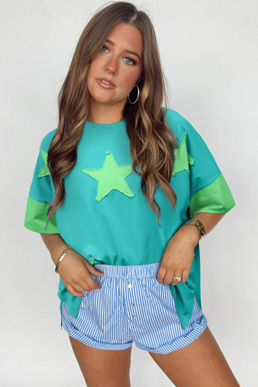 Aruba Blue & Lime Green Frayed Star Patch Oversized T-Shirt