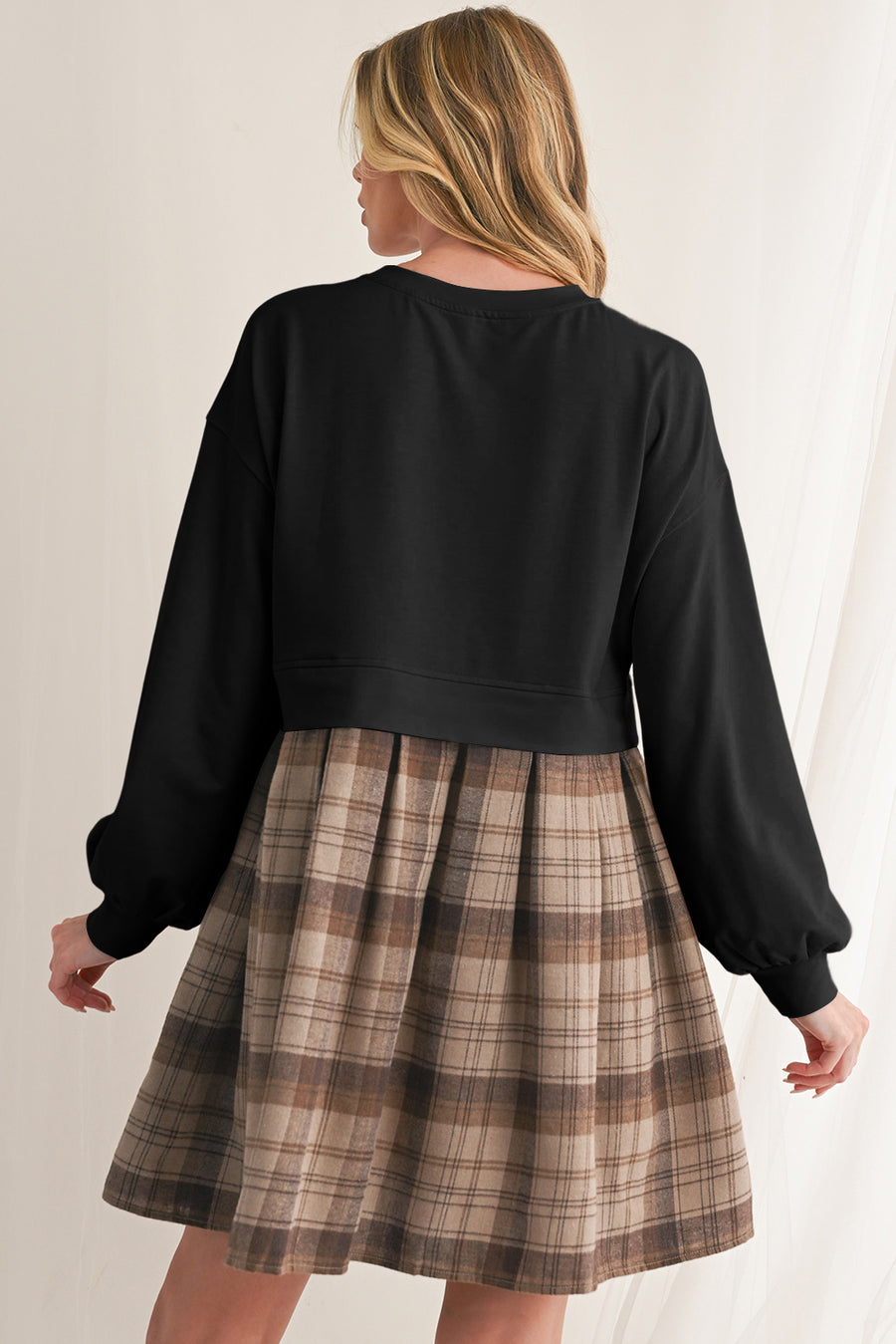 Beige Plaid Patchwork High Waist Sweatshirt Mini Dress