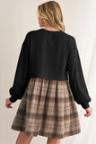 Beige Plaid Patchwork High Waist Sweatshirt Mini Dress