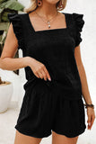 Textured Ruffle Blouse and Shirred High-Waist Shorts Set- 5 Colors