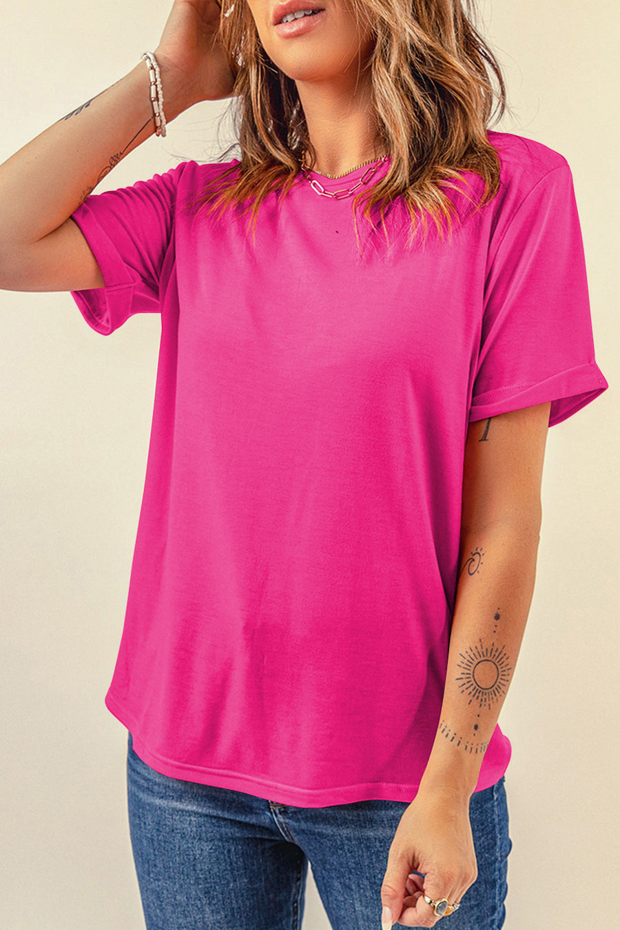 Basic Crew Neck Rolled Sleeve T-Shirt- 12 Colors