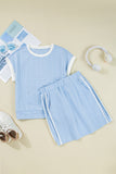 Contrast Trim Textured Crew Neck Top and Pocketed Skirt Set- 2 Colors
