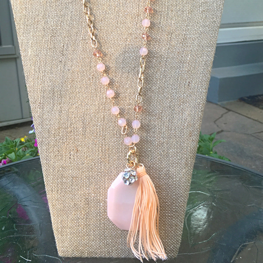 Gold Tone Beads, Stone, & Tassel Necklace Set- Peach