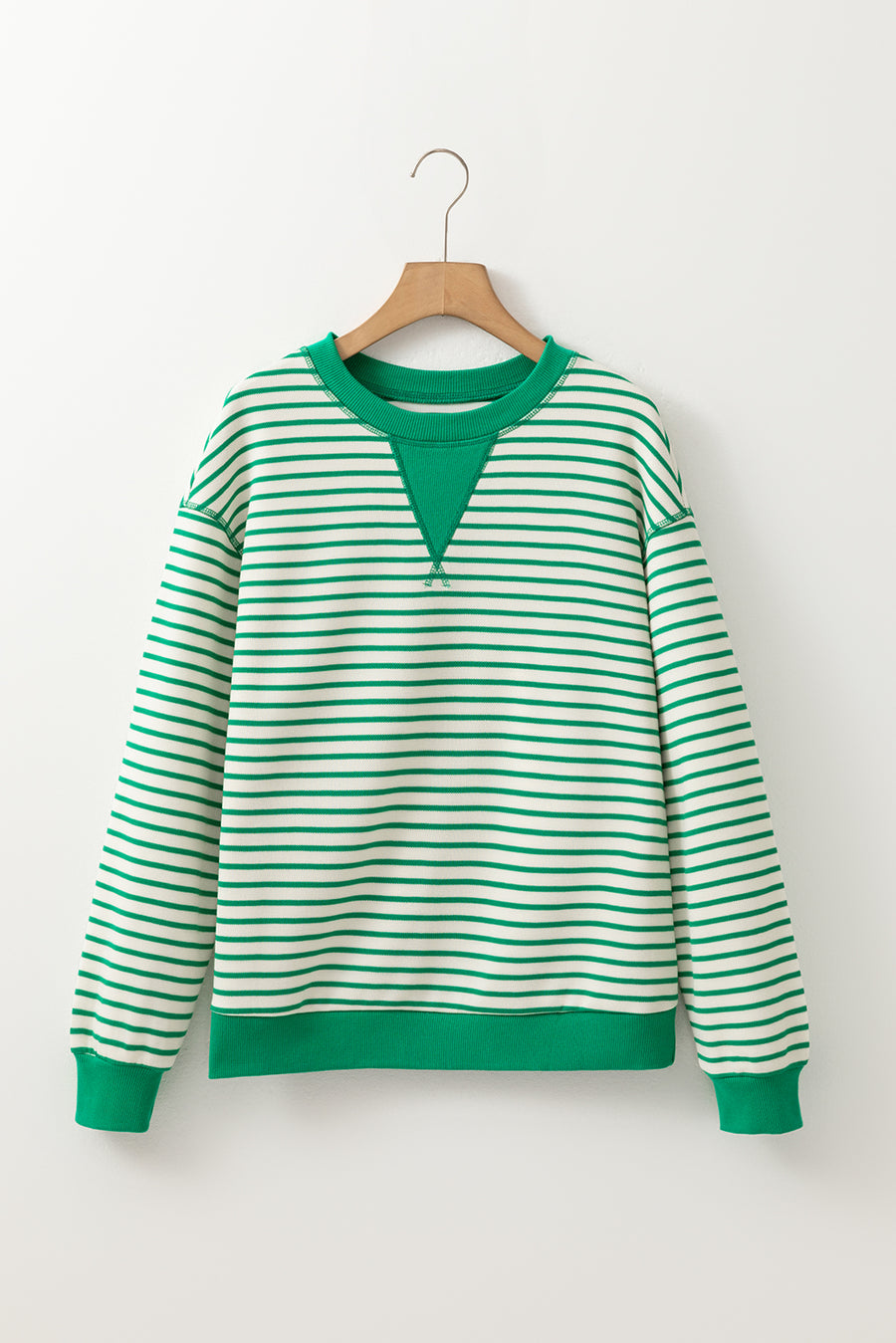 Green Striped Contrast Trim Long Sleeve Shirt
