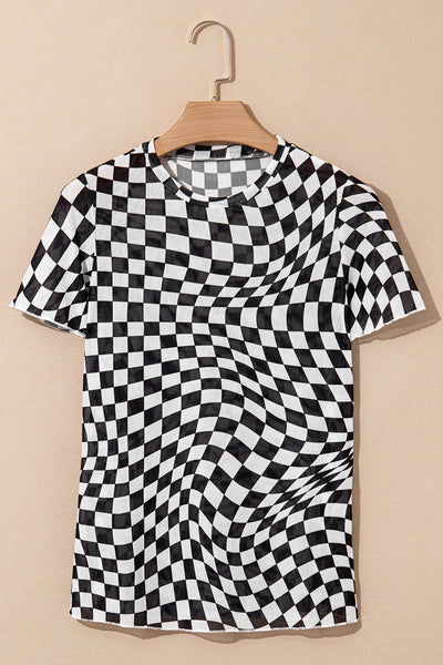Black Checker Mesh Crew Neck T Shirt