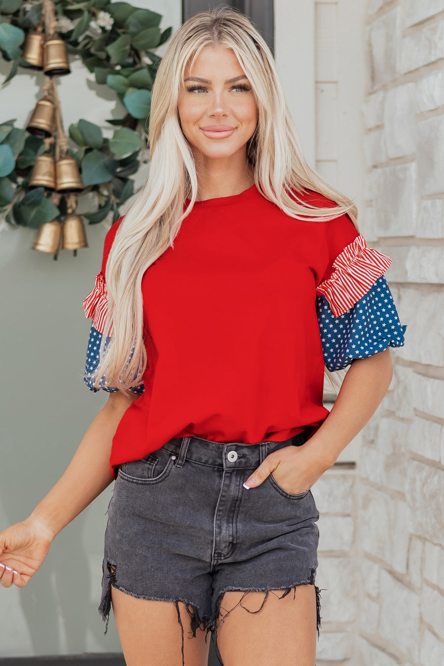 Stars and Stripes Contrast Puff Sleeve Top- 2 Colors