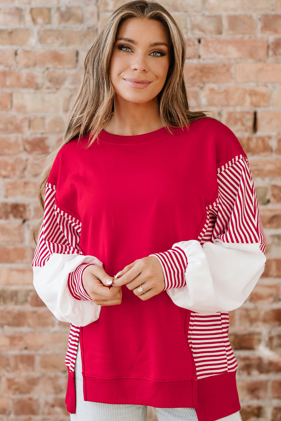 Striped Patchwork Sleeve Colorblock Sweatshirt- 3 Colors