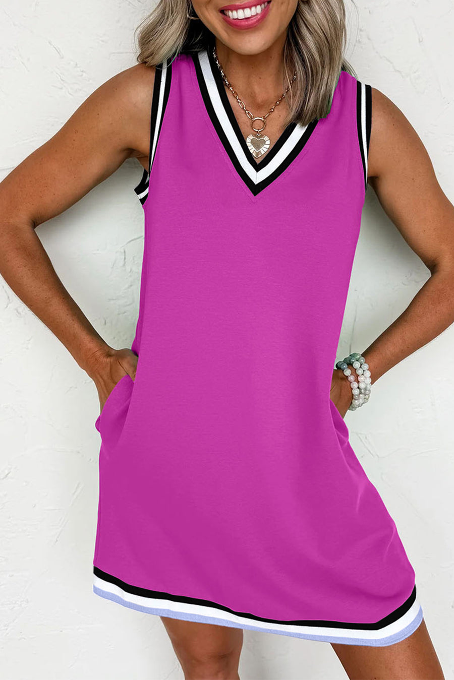 Contrast Trim V-Neck Sleeveless Mini Dress- 2 Colors