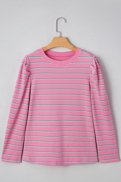 Pink Striped Textured Knit Puff Sleeve Crew Neck Top