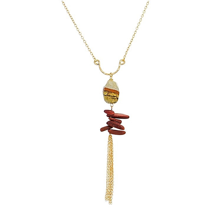 Gold Tone Necklace with Stones & Tassel- Natural, Brown, & Reddish Brown