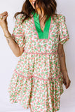 Green Contrast Neckline Ricrac Trim Floral Short Puff Sleeve Dress