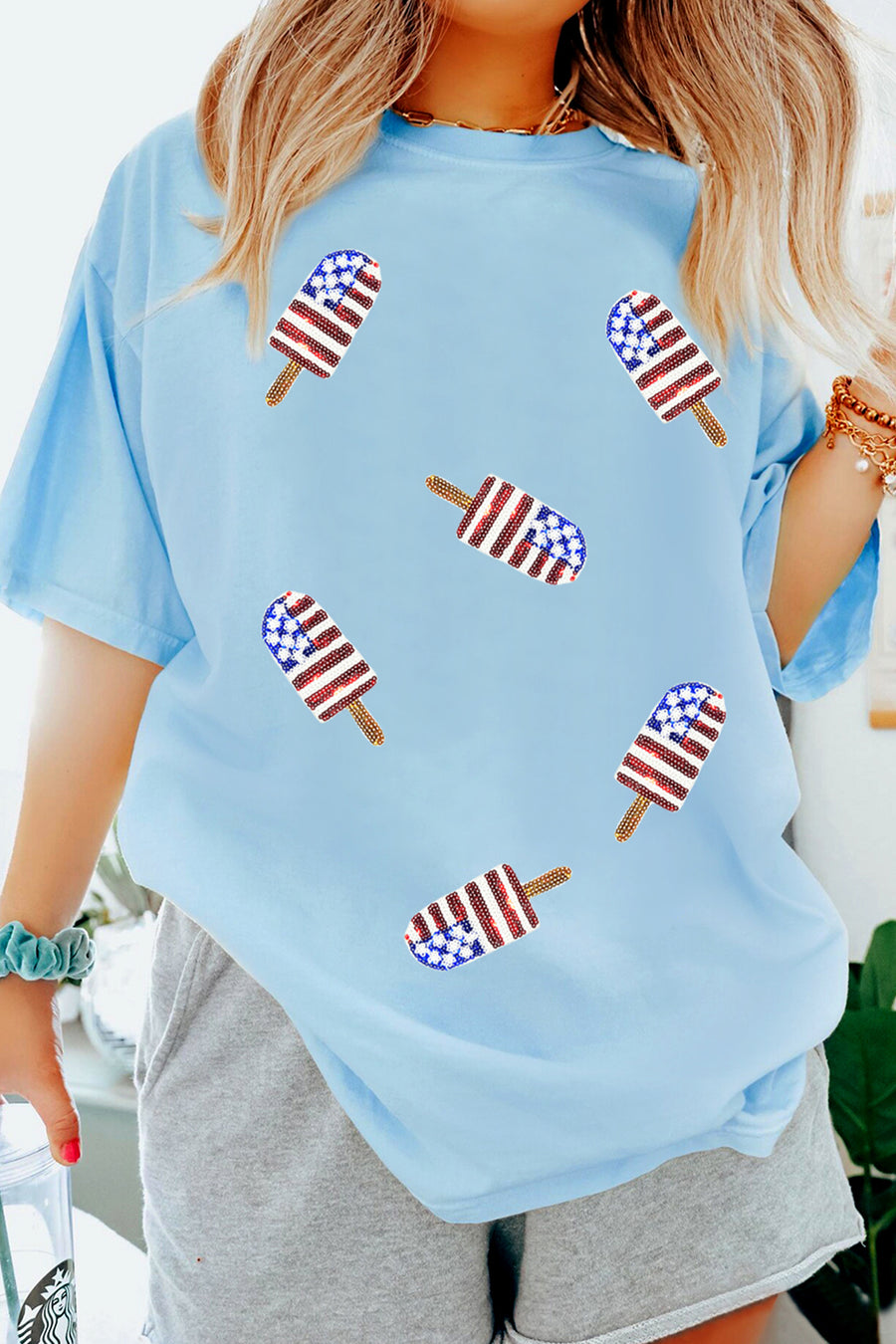 Light Blue American Flag Sequin Popsicle T-Shirt
