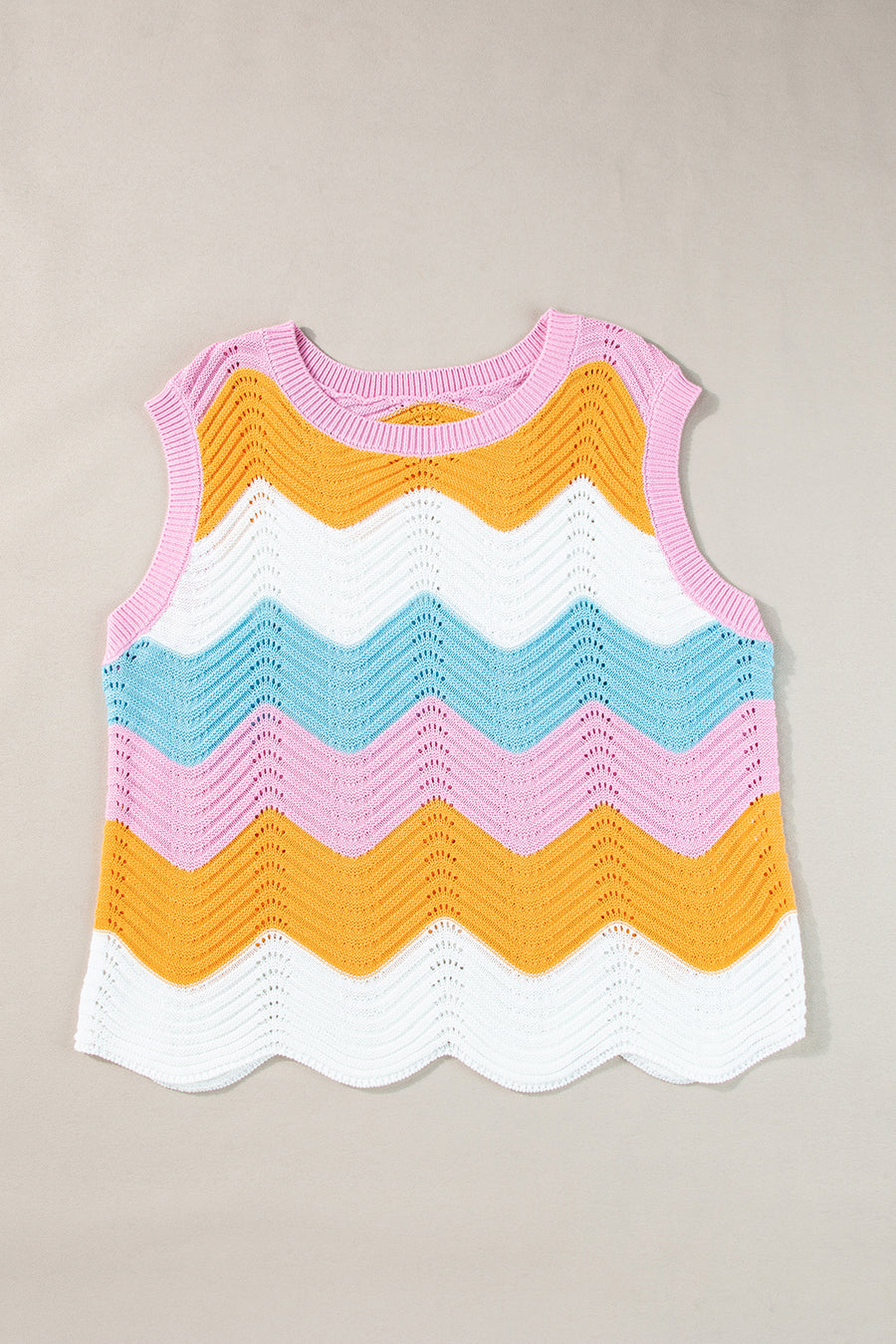 Wavy Color Block Crew Neck Knit Sleeveless Sweater