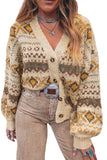 Khaki Geometric Pattern Button V Neck Cardigan