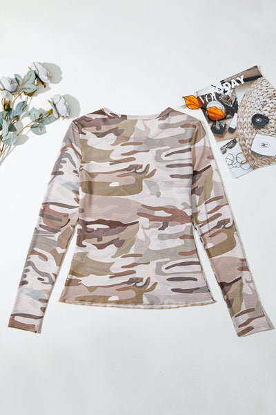 Green Camouflage Print Slim Fit Long Sleeve Top