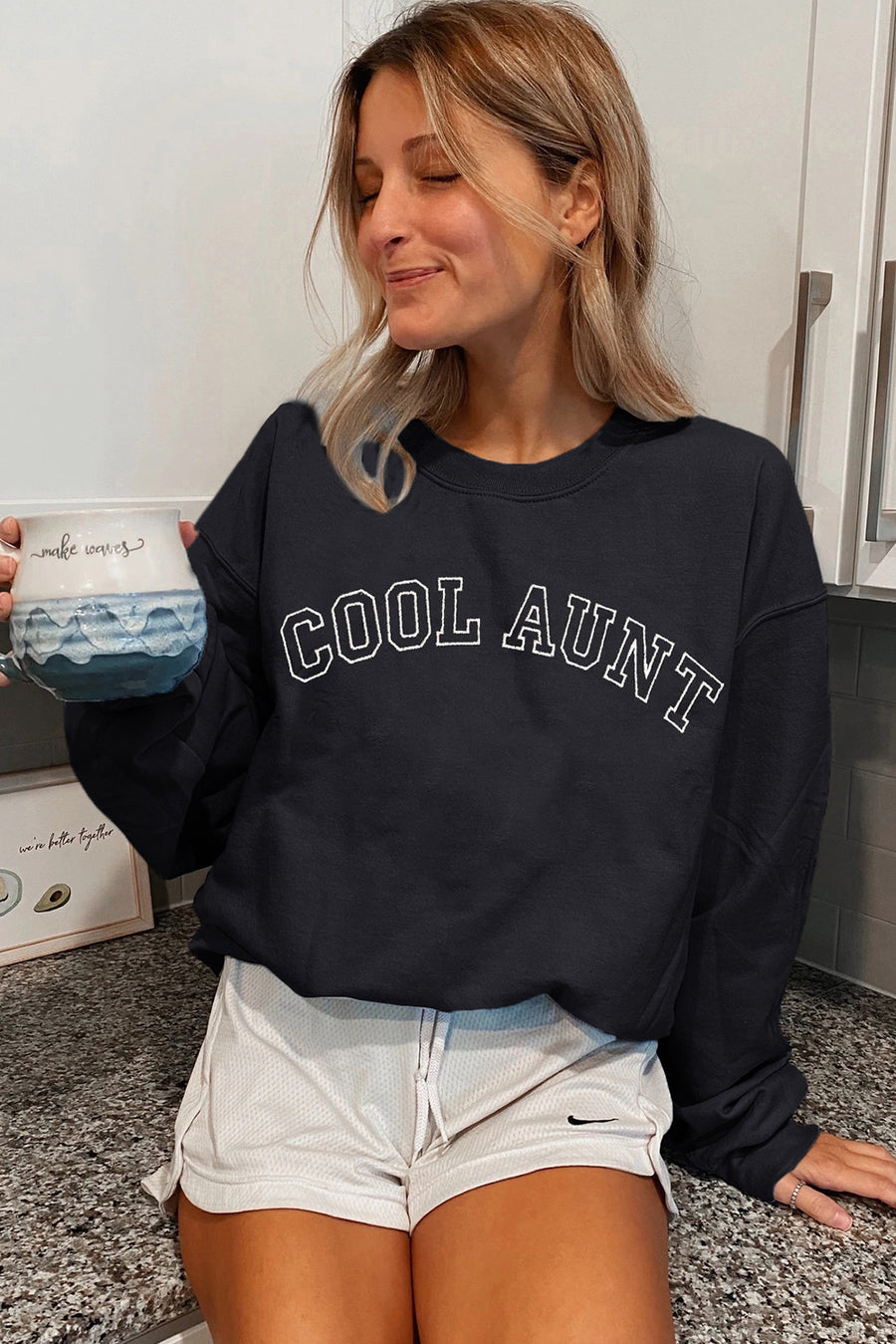 Black COOL AUNT Embroidered Letters Sweatshirt