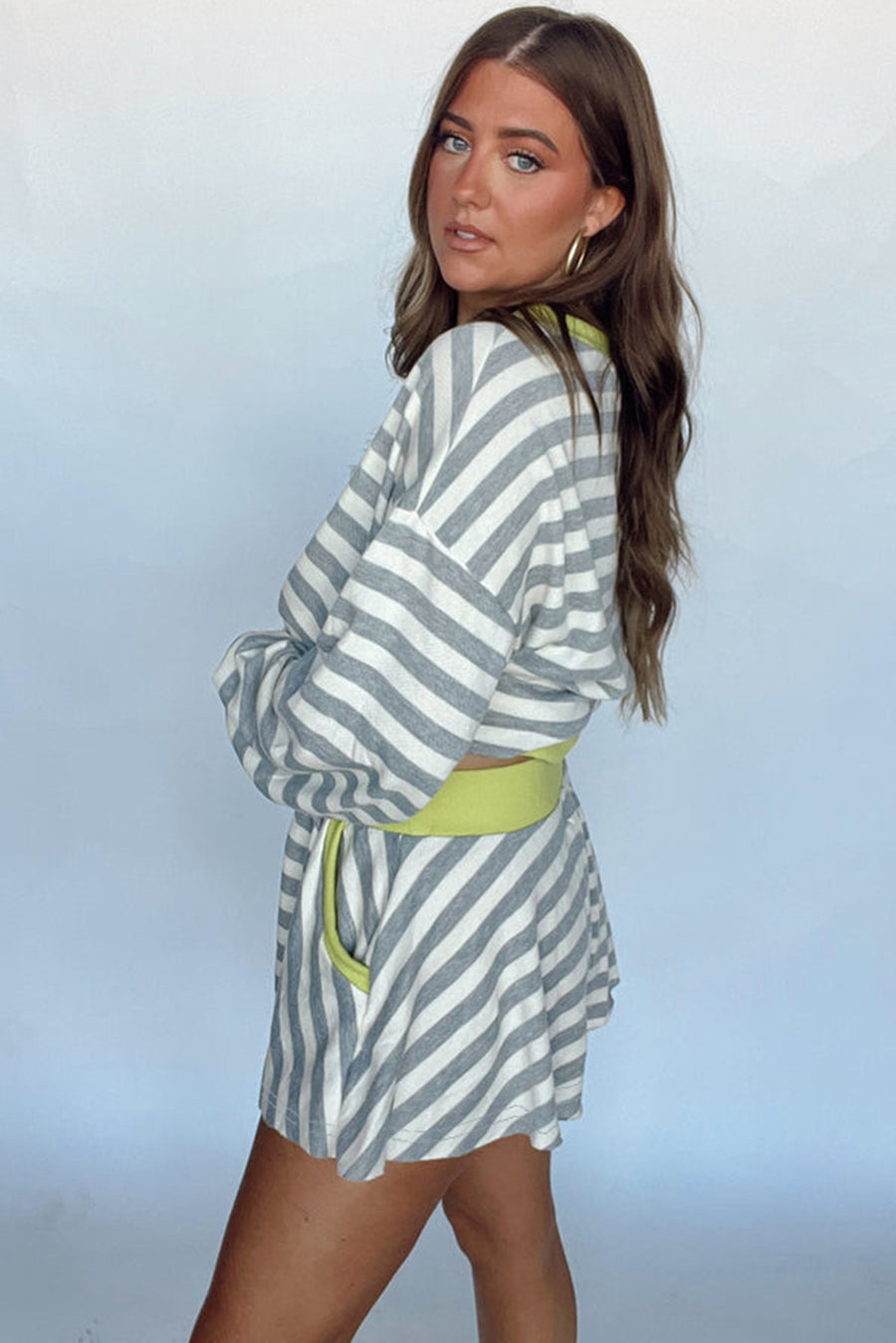 Striped Contrast Trim Long Sleeve Top and Shorts Set- 2 Colors