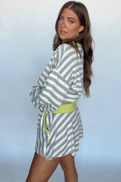 Black Stripe Contrast Trim Long Sleeve Top and Shorts Set