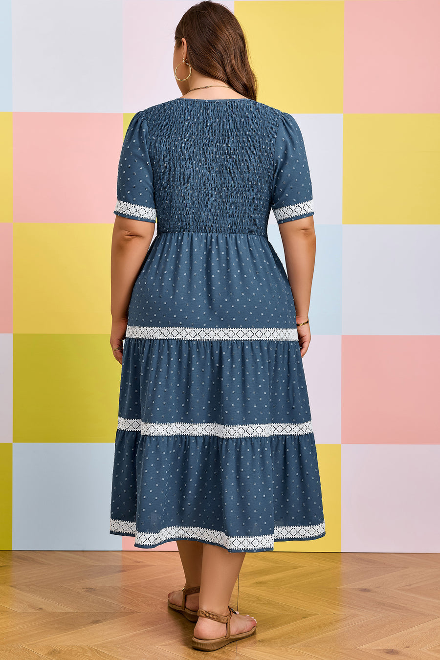 Plus Size Slate Blue V-Neck Swiss Dot Lace Detail Flared Midi Dress with Pockets