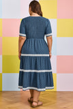 Plus Size Slate Blue V-Neck Swiss Dot Lace Detail Flared Midi Dress with Pockets