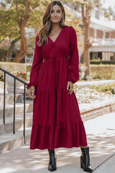 Solid Long Sleeve Button V-Neck Tiered Maxi Dress- 2 Colors