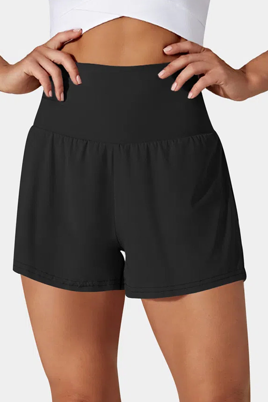 Black High-Waist Wide Band Back Pocket Swim Shorts