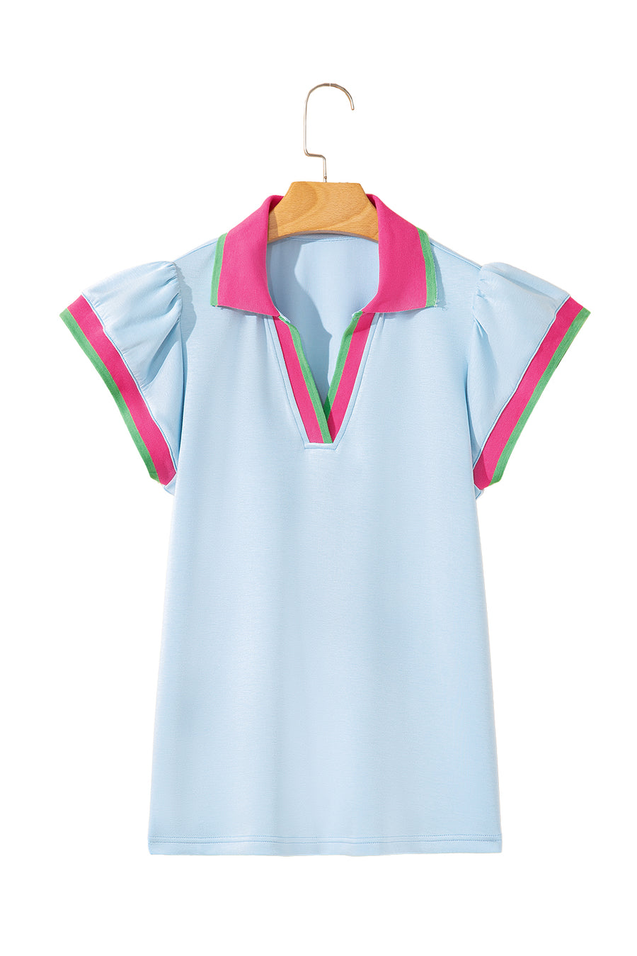 Baby Blue Collared V-Neck Ruffle Sleeve Blouse