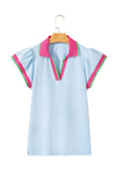 Baby Blue Collared V-Neck Ruffle Sleeve Blouse