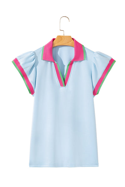Beau Blue Pop of Color Collared V Neck Ruffle Sleeve Blouse