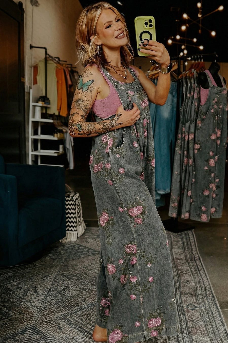 Floral Print Pleated High-Waist Wide Leg Denim Overalls- 3 Colors